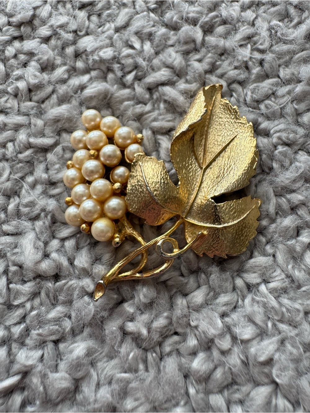 Vintage Gold Grape Leaf and Pearl Cluster Brooch